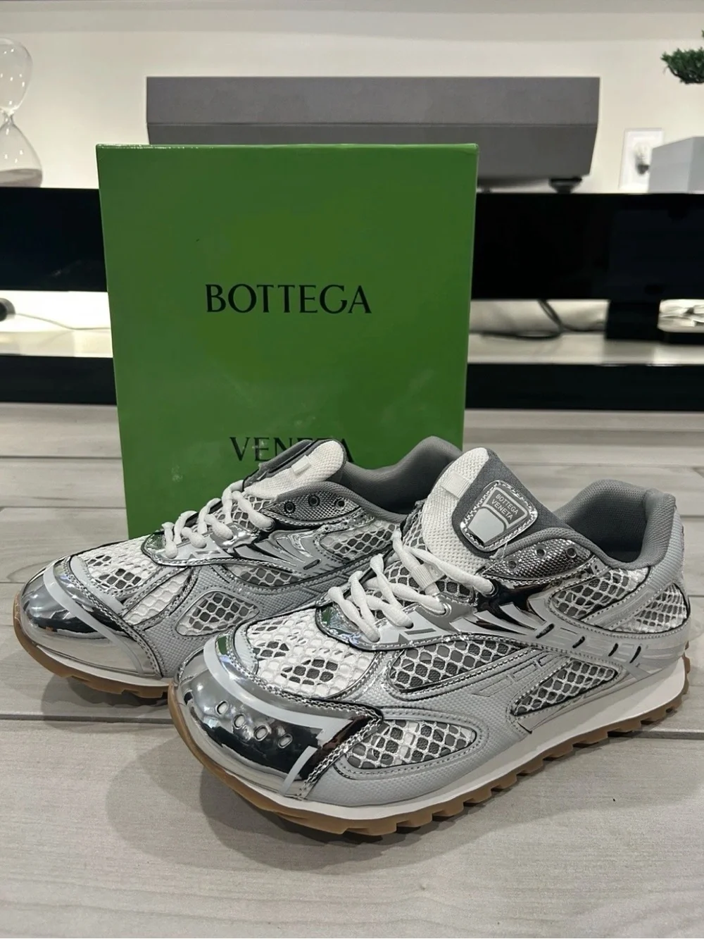 Bottega Veneta Men's Silver and White Mesh Runner Sneakers